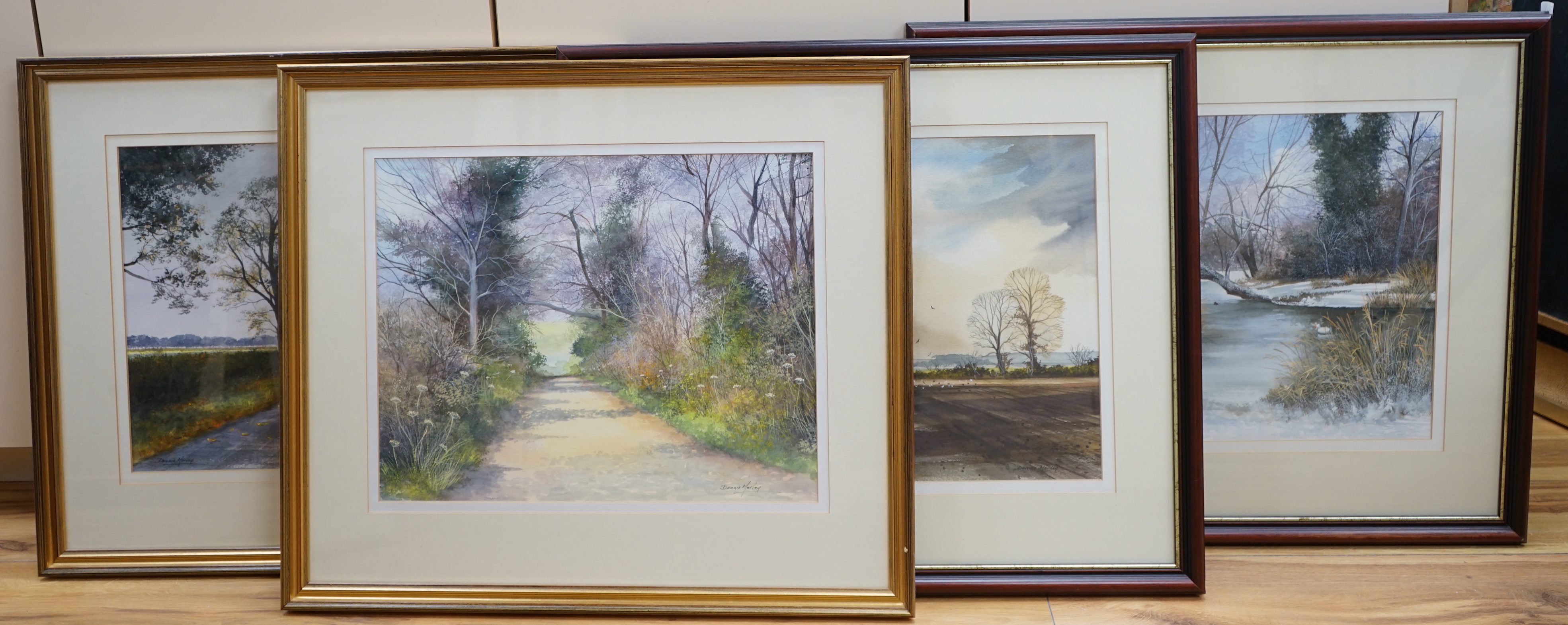 Dennis Morley (b.1929), two pairs of watercolours, Winter & Autumn landscapes and country pathways, each signed, 45cm x 35cm (4)